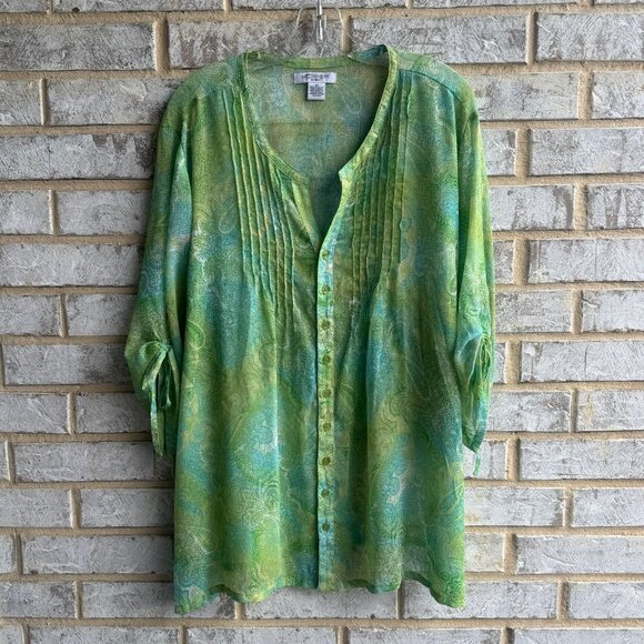 Liz Claiborne 3/4 Sleeve Button Up Colorful Paisley Sheer Blouse Women's Size 2X - Picture 1 of 7
